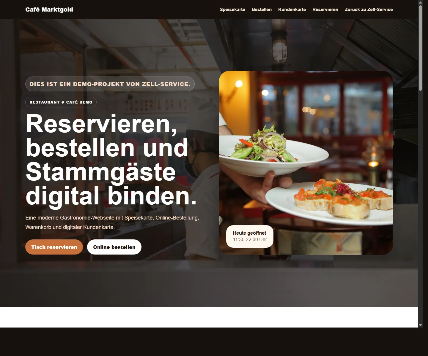 Desktopansicht des Demo-Konzepts Café Marktgold für Gastronomie