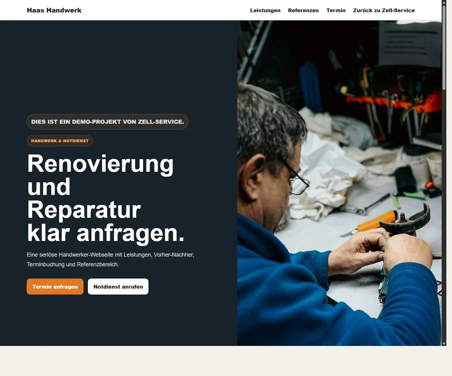 Desktopansicht des Demo-Konzepts Haas Werkraum für Schreinerei und Innenausbau
