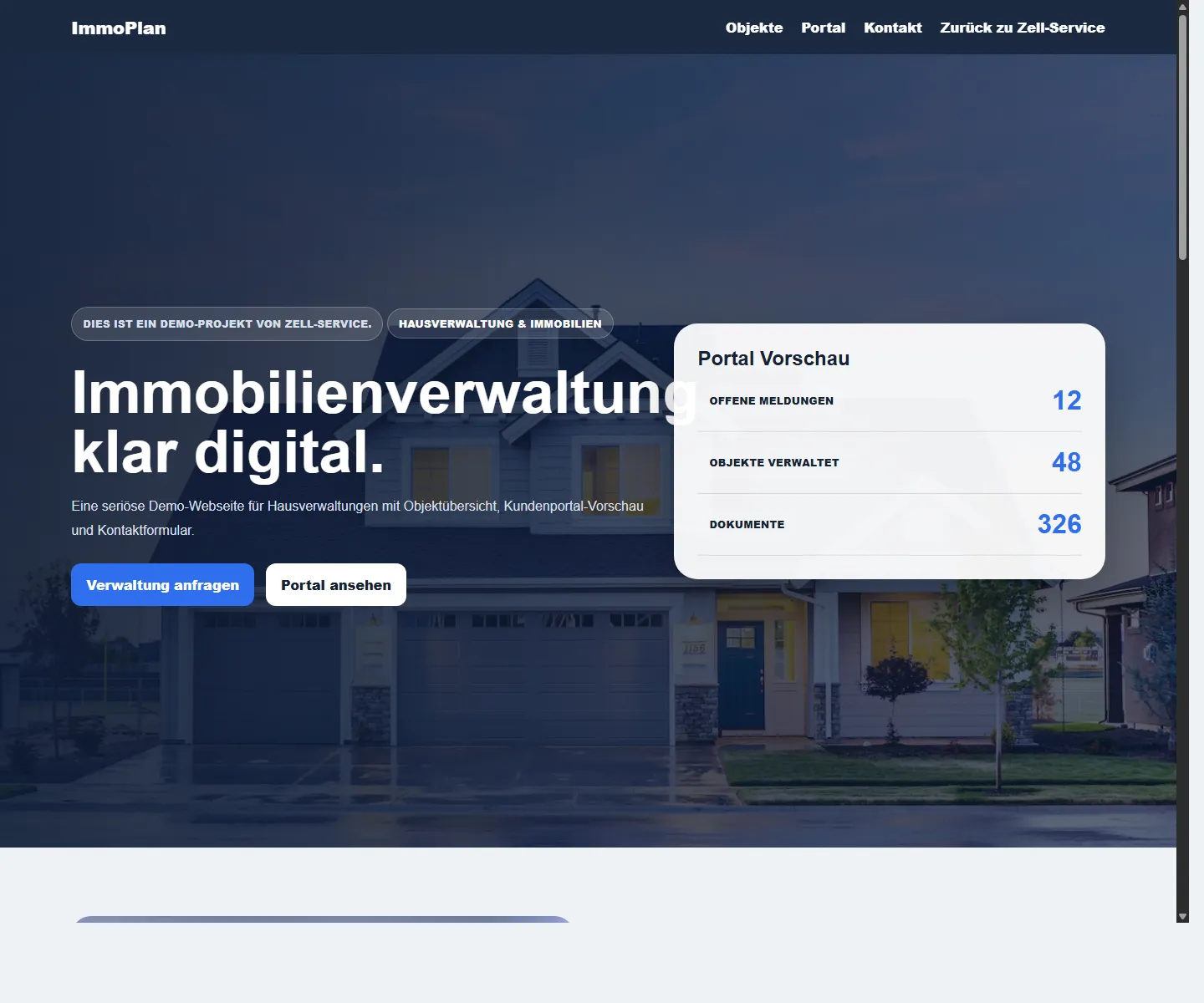 Desktopansicht der ImmoPlan-Hausverwaltungs-Demo