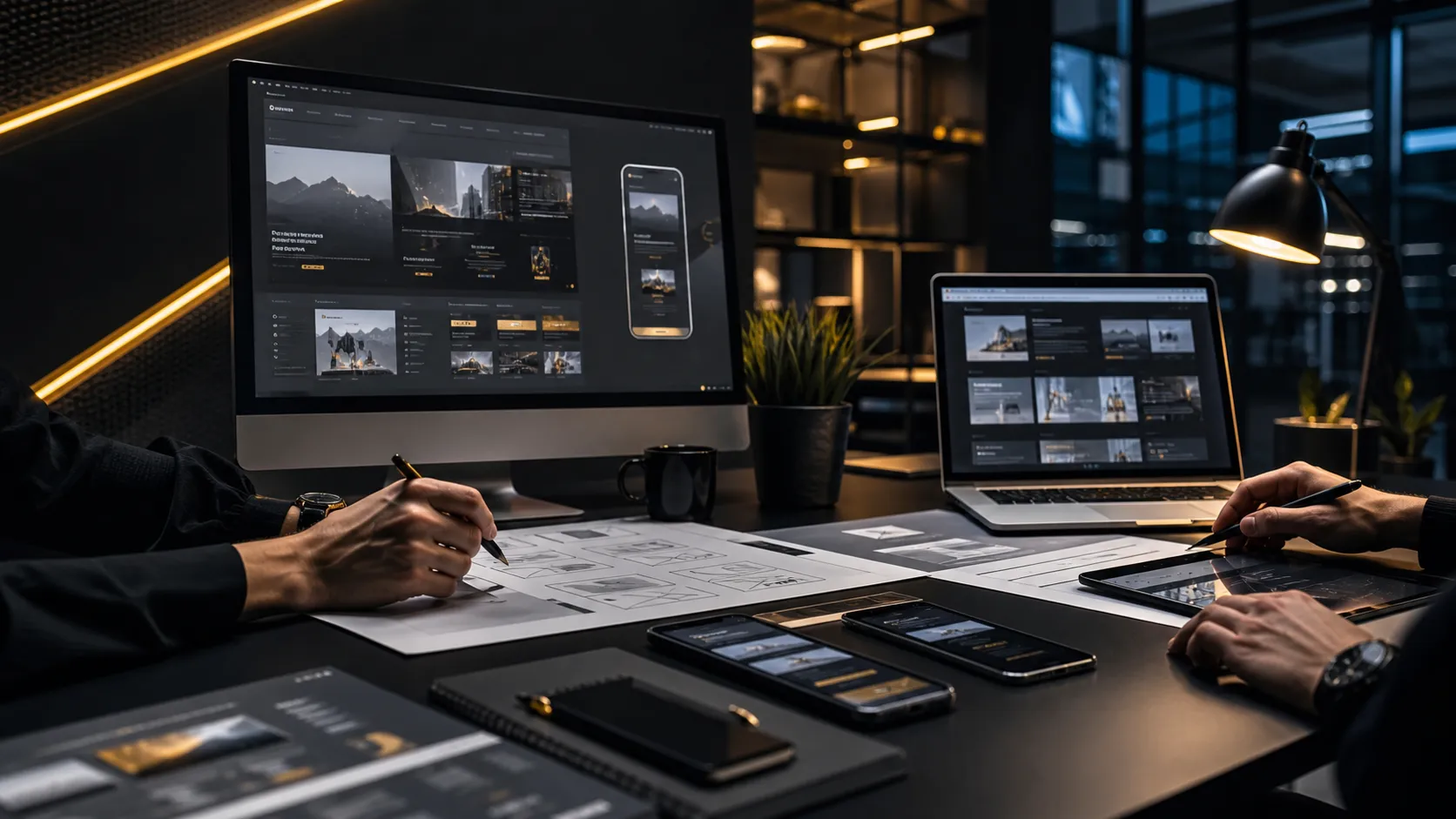 Webdesign-Workspace mit Layoutentwürfen und Geräteansichten
