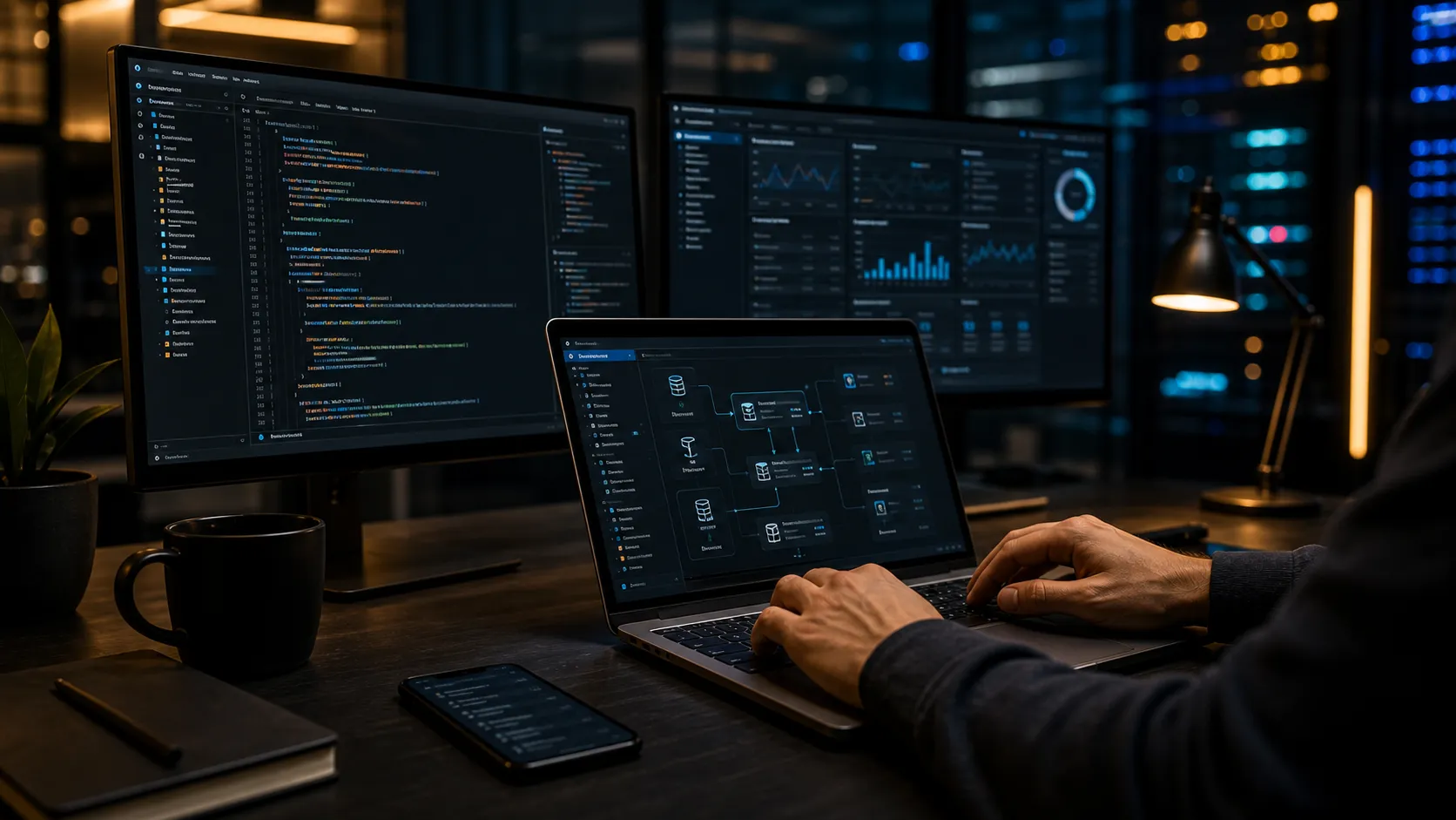 Moderner Workspace für eine digitale Anwendung mit Dashboard und Code