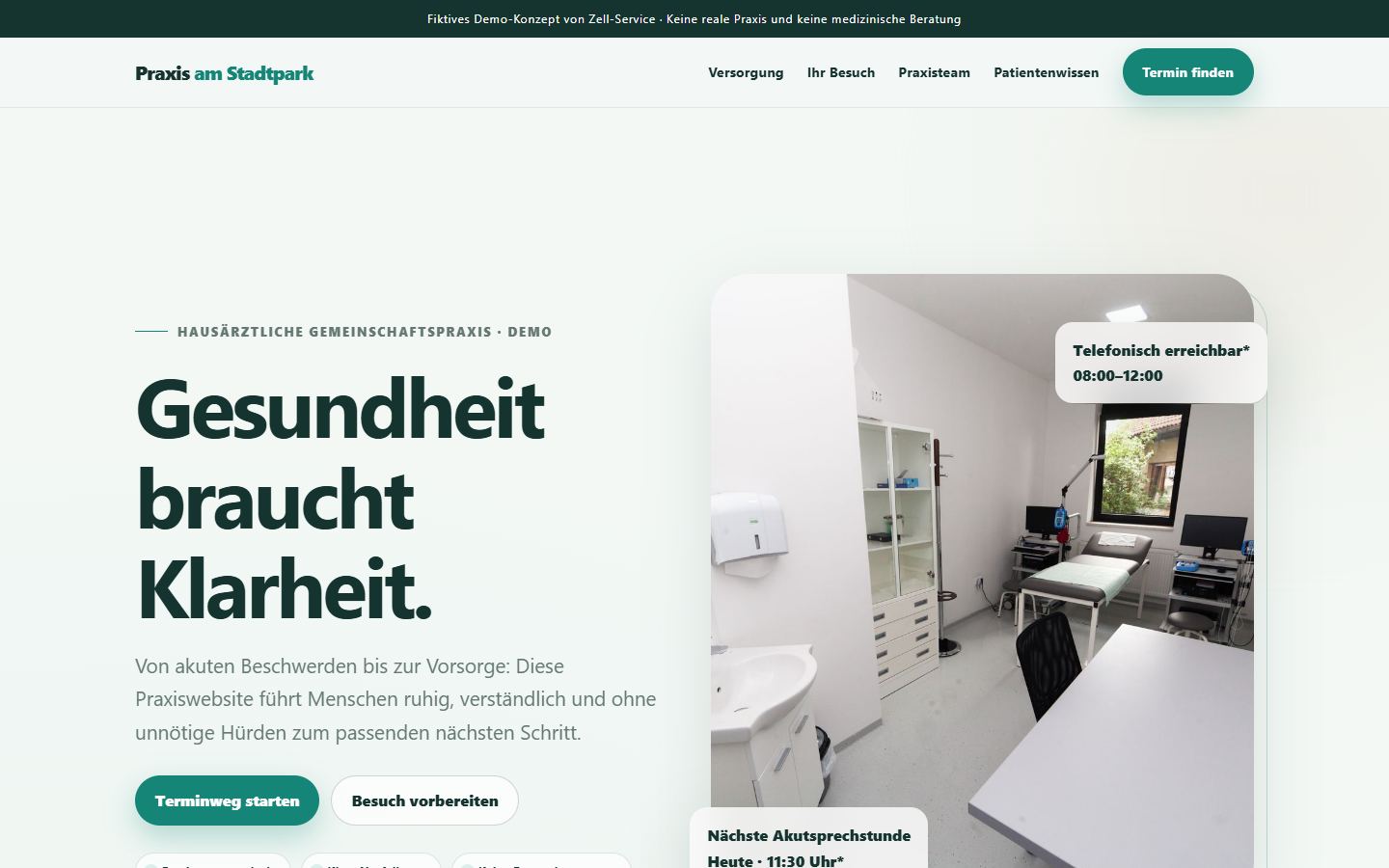 Echte Desktopansicht der Praxis am Stadtpark Demo