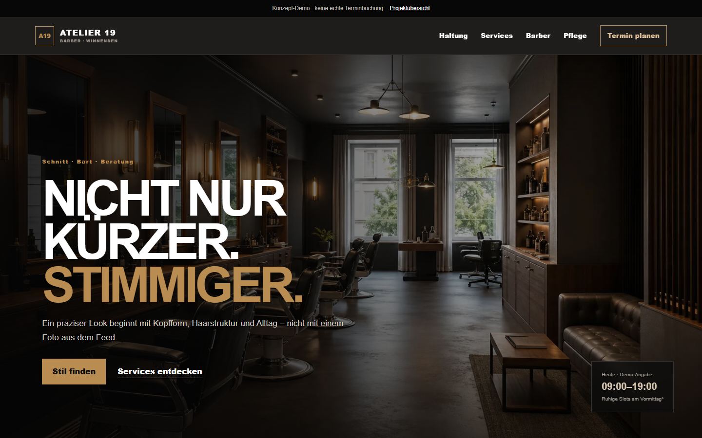 Echte Desktopansicht der Atelier 19 Barbershop Demo