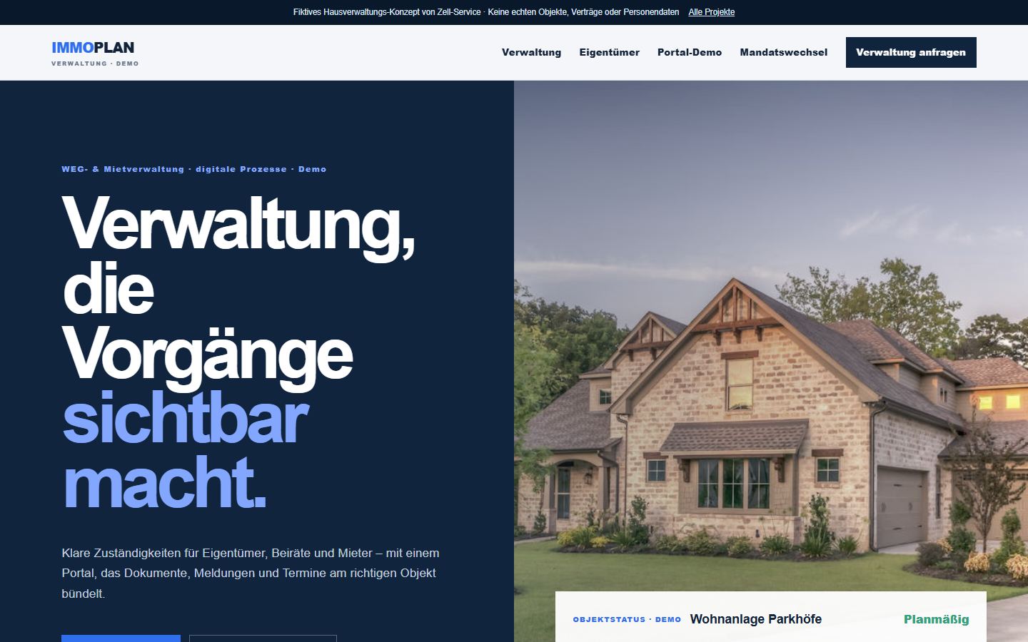 Echte Desktopansicht der ImmoPlan Verwaltung Demo
