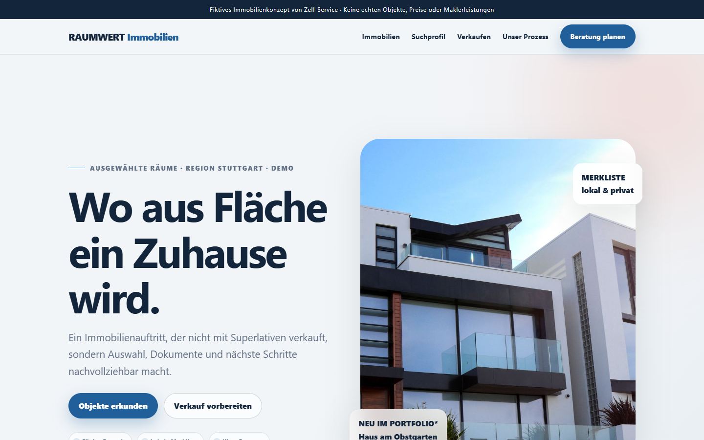 Echte Desktopansicht der Raumwert Immobilien Demo