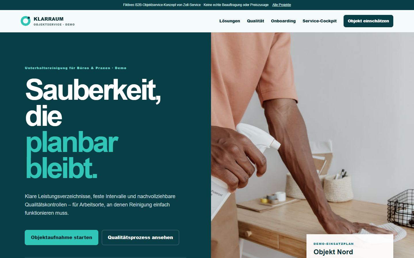 Echte Desktopansicht der Klarraum Objektservice Demo