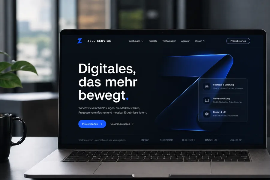 Aktuelle Zell-Service-Webseite auf einem Laptop