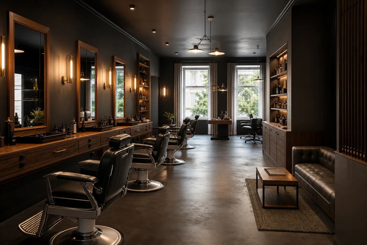 Dunkles Barber-Atelier mit Holz, Spiegeln und Ledersesseln