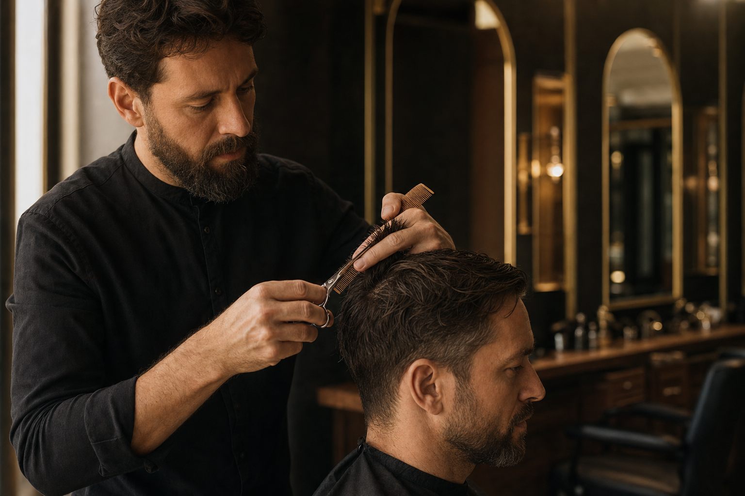 Barber arbeitet präzise mit Schere und Kamm am Haarschnitt