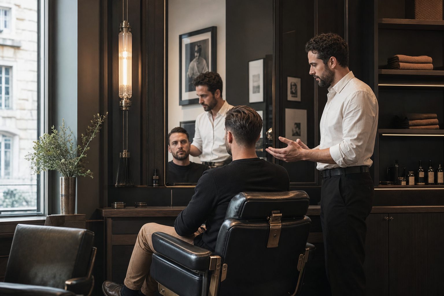 Barber bespricht mit einem Kunden den gewünschten Haarschnitt vor dem Spiegel